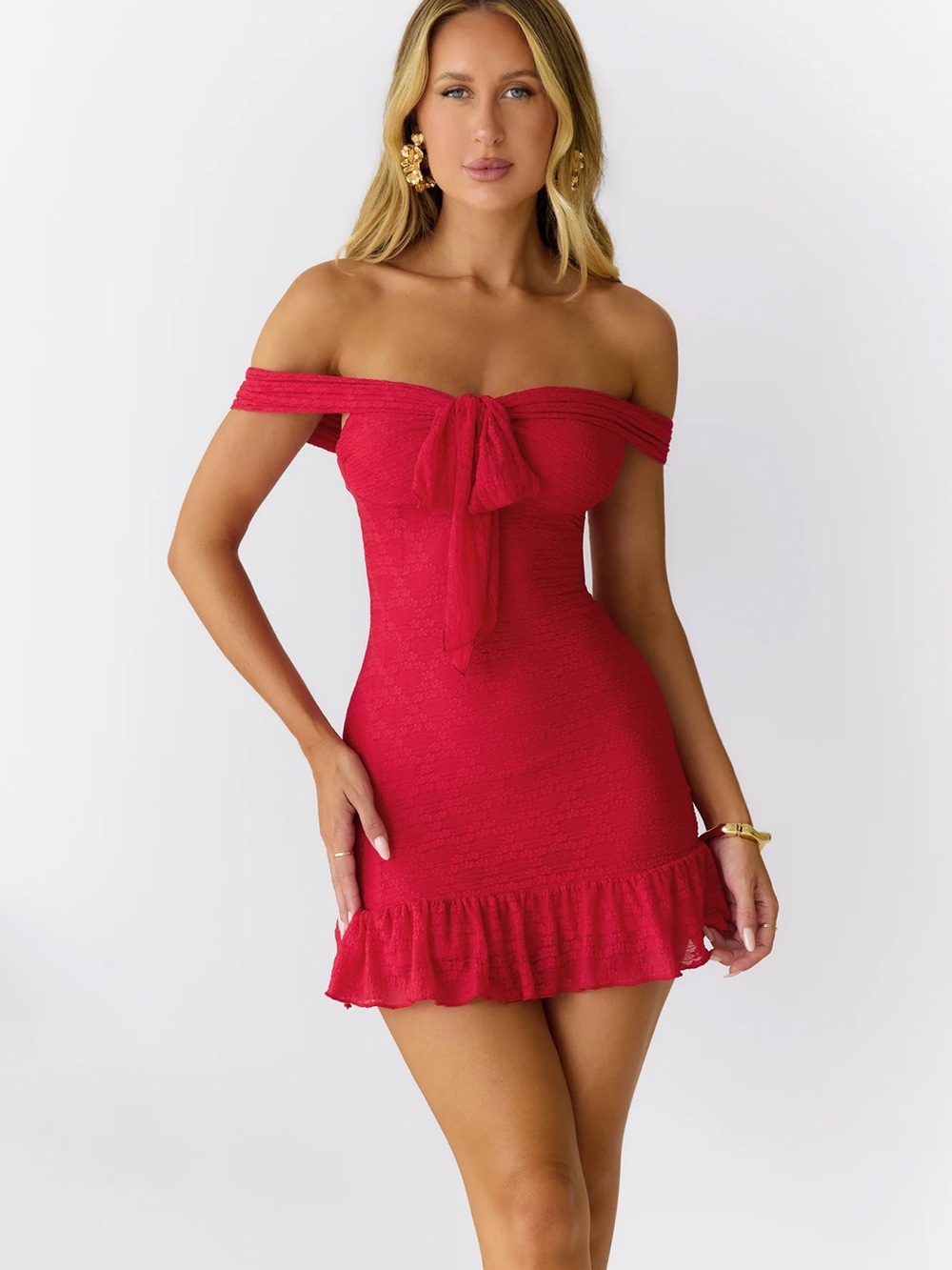 Hello Molly Scarlet Off-Shoulder Tie Front Mini Dress